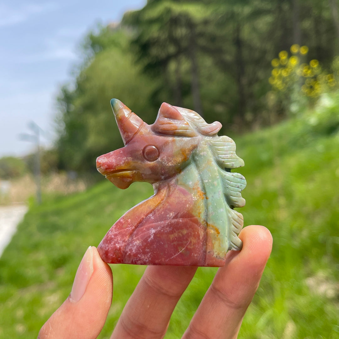 Natural Ocean Jasper Unicorn Carving