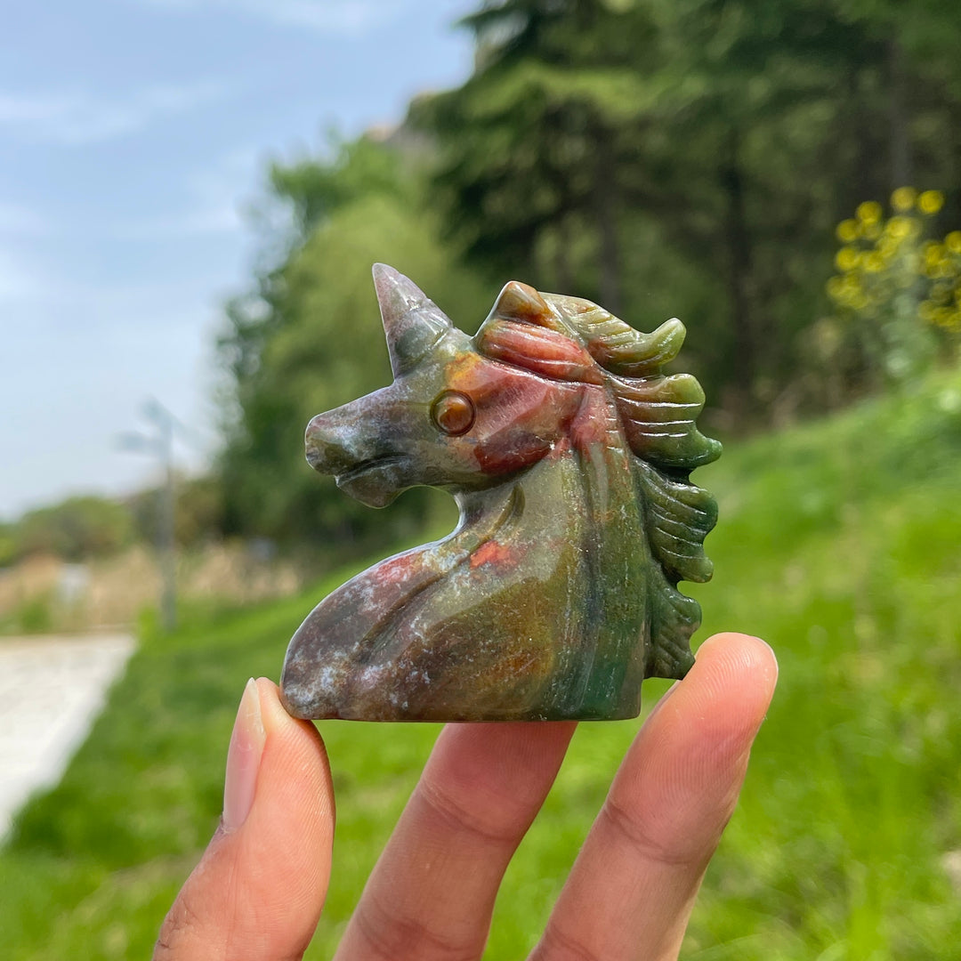 Natural Ocean Jasper Unicorn Carving