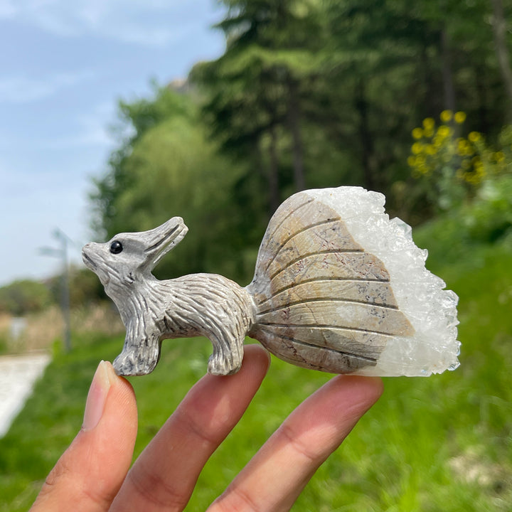 Natural Crystal Cluster Nine-Tailed Fox Carving