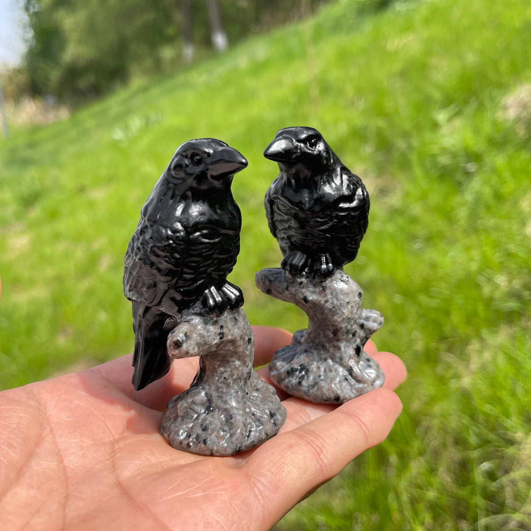 Natural Black Obsidian Raven On Tree Stump Carving