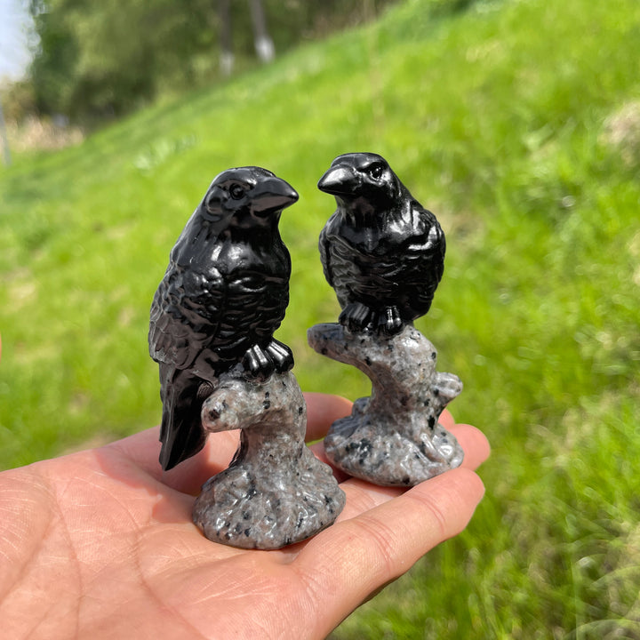 Natural Black Obsidian Raven On Tree Stump Carving