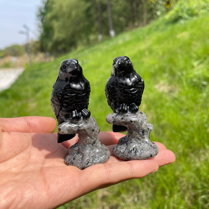 Natural Black Obsidian Raven On Tree Stump Carving