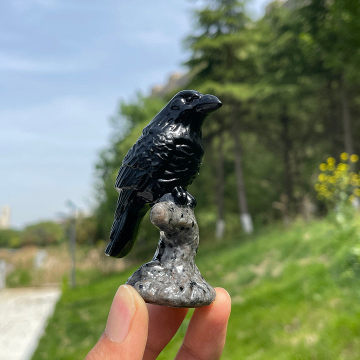 Natural Black Obsidian Raven On Tree Stump Carving