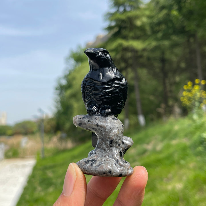 Natural Black Obsidian Raven On Tree Stump Carving