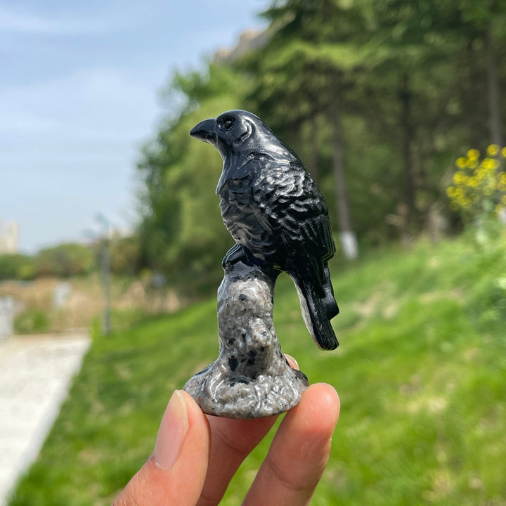Natural Black Obsidian Raven On Tree Stump Carving