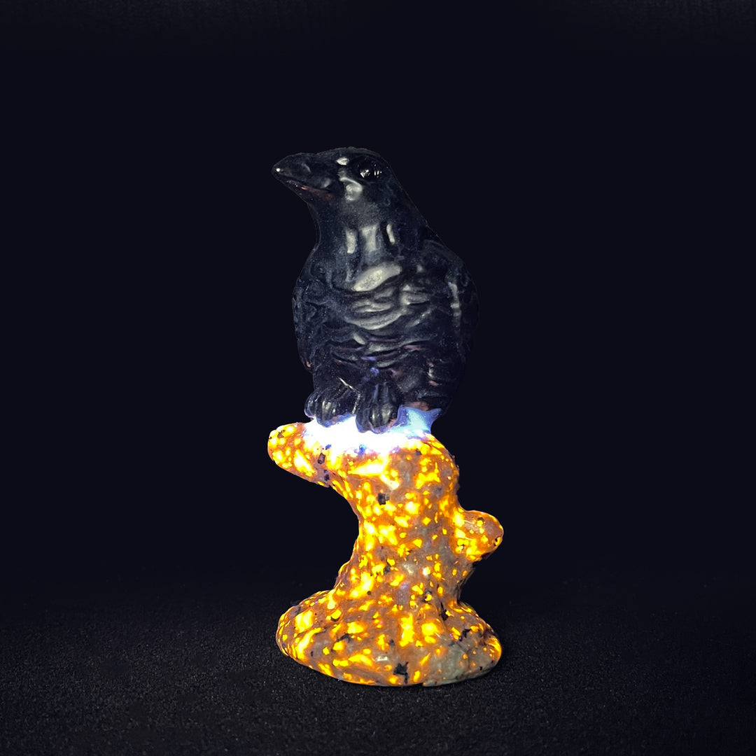 Natural Black Obsidian Raven On Tree Stump Carving