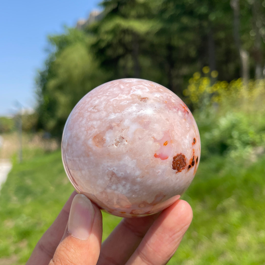 Unique,A Slightly Imperfect Natural Crystal Pink Flower Agate Sphere