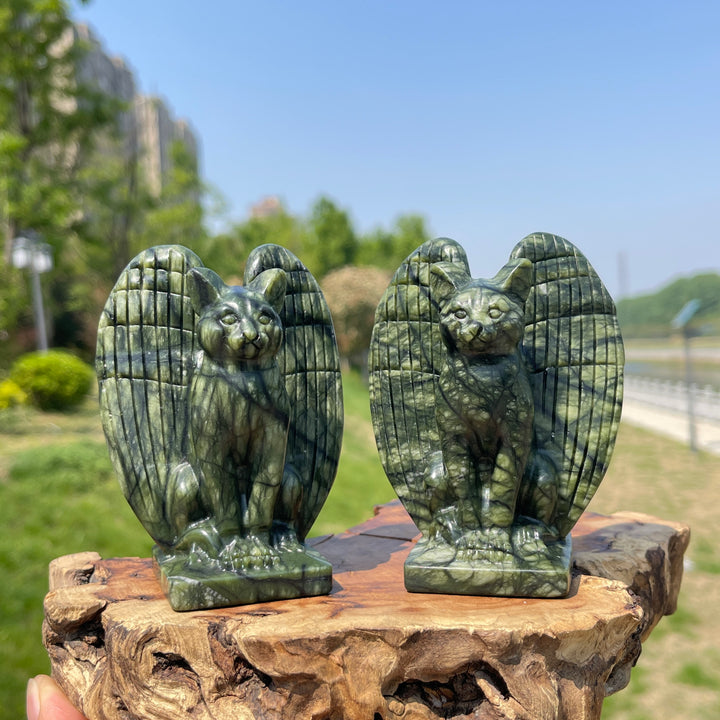 Natural Serpentine Crystal Winged Cat Carving