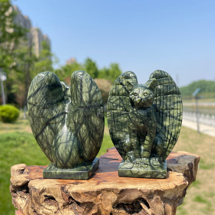 Natural Serpentine Crystal Winged Cat Carving