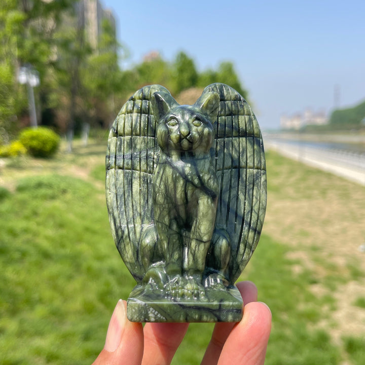 Natural Serpentine Crystal Winged Cat Carving
