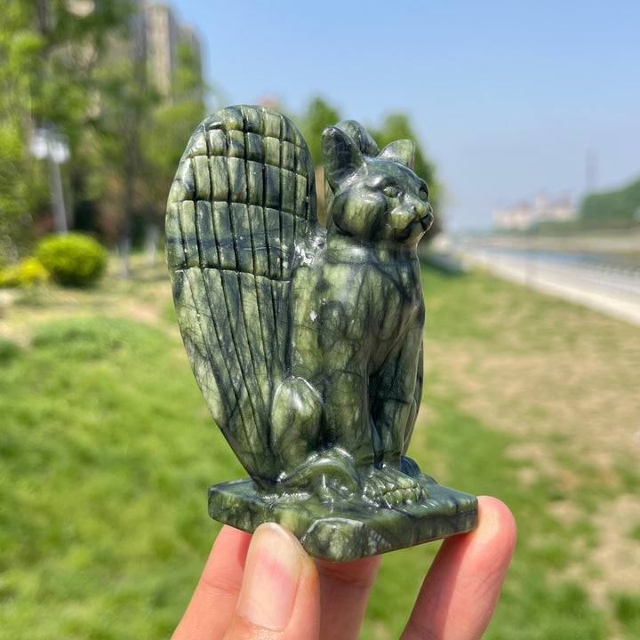 Natural Serpentine Crystal Winged Cat Carving
