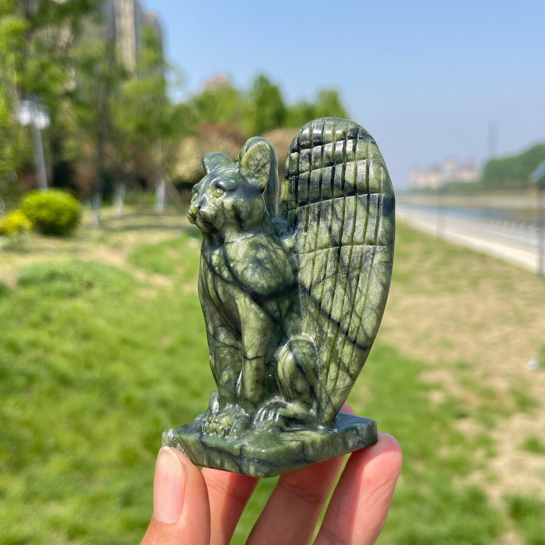 Natural Serpentine Crystal Winged Cat Carving