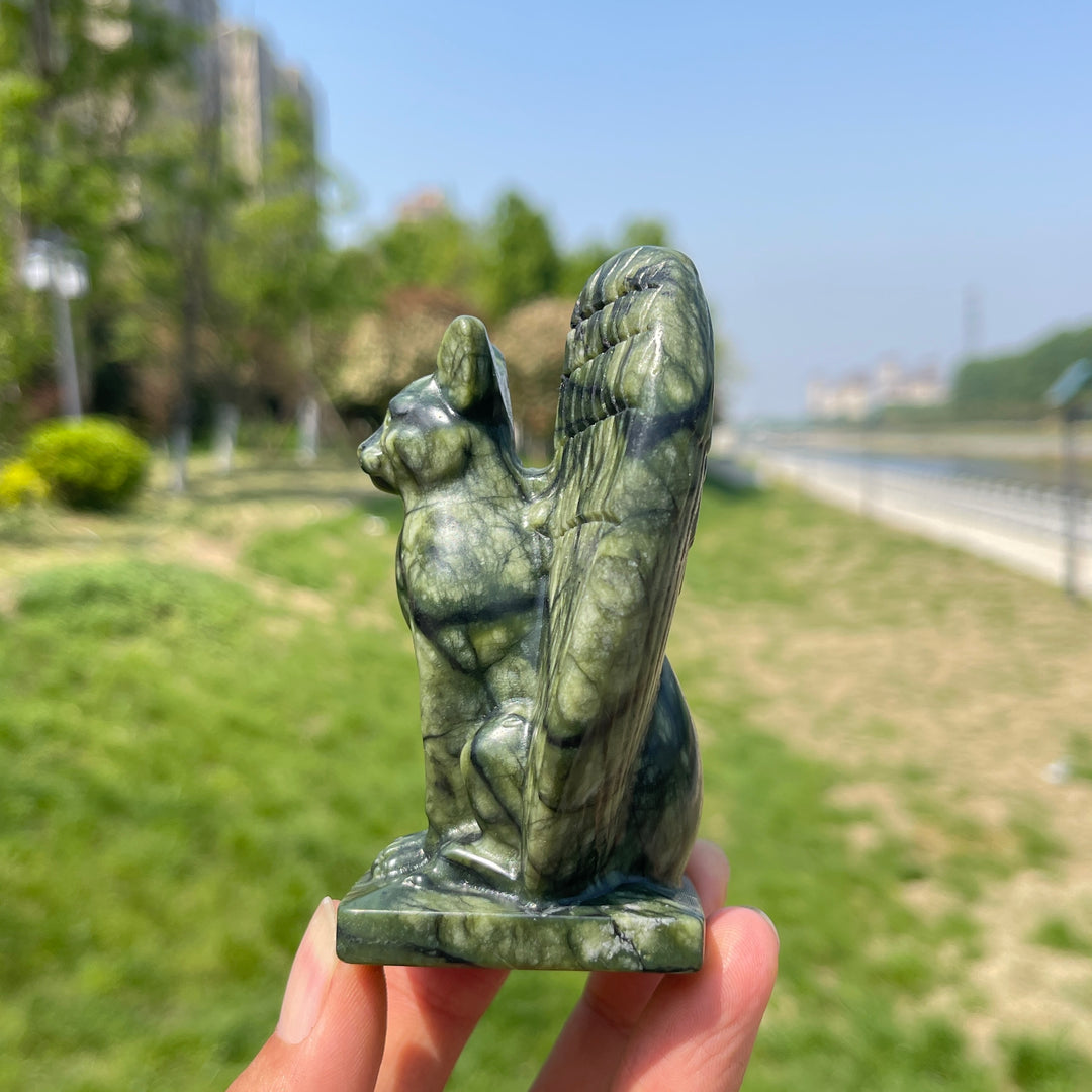 Natural Serpentine Crystal Winged Cat Carving