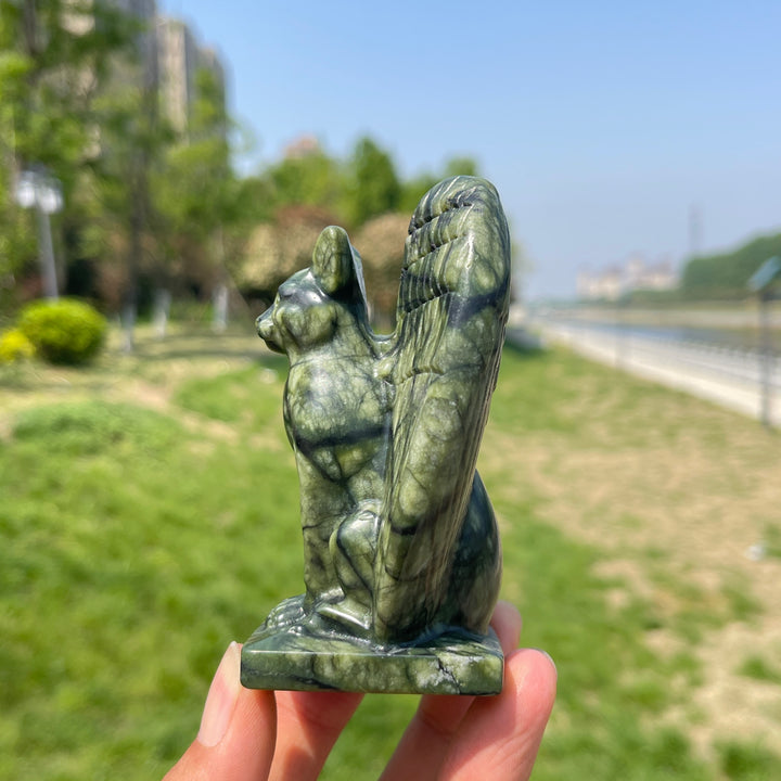 Natural Serpentine Crystal Winged Cat Carving