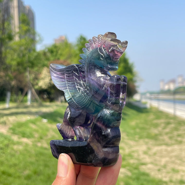 Natural Rainbow Fluorite Crystal Unicorn Carving