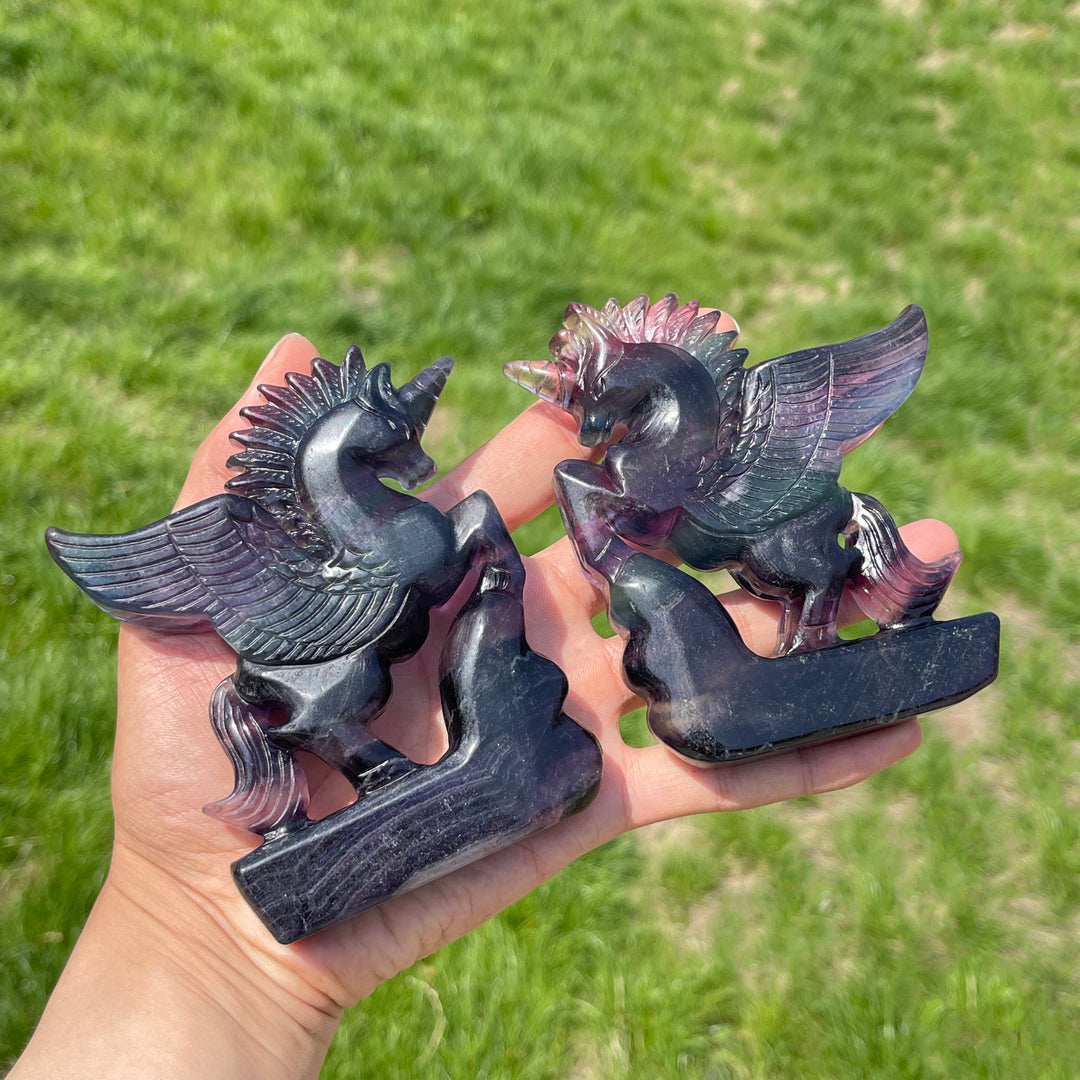 Natural Rainbow Fluorite Crystal Unicorn Carving