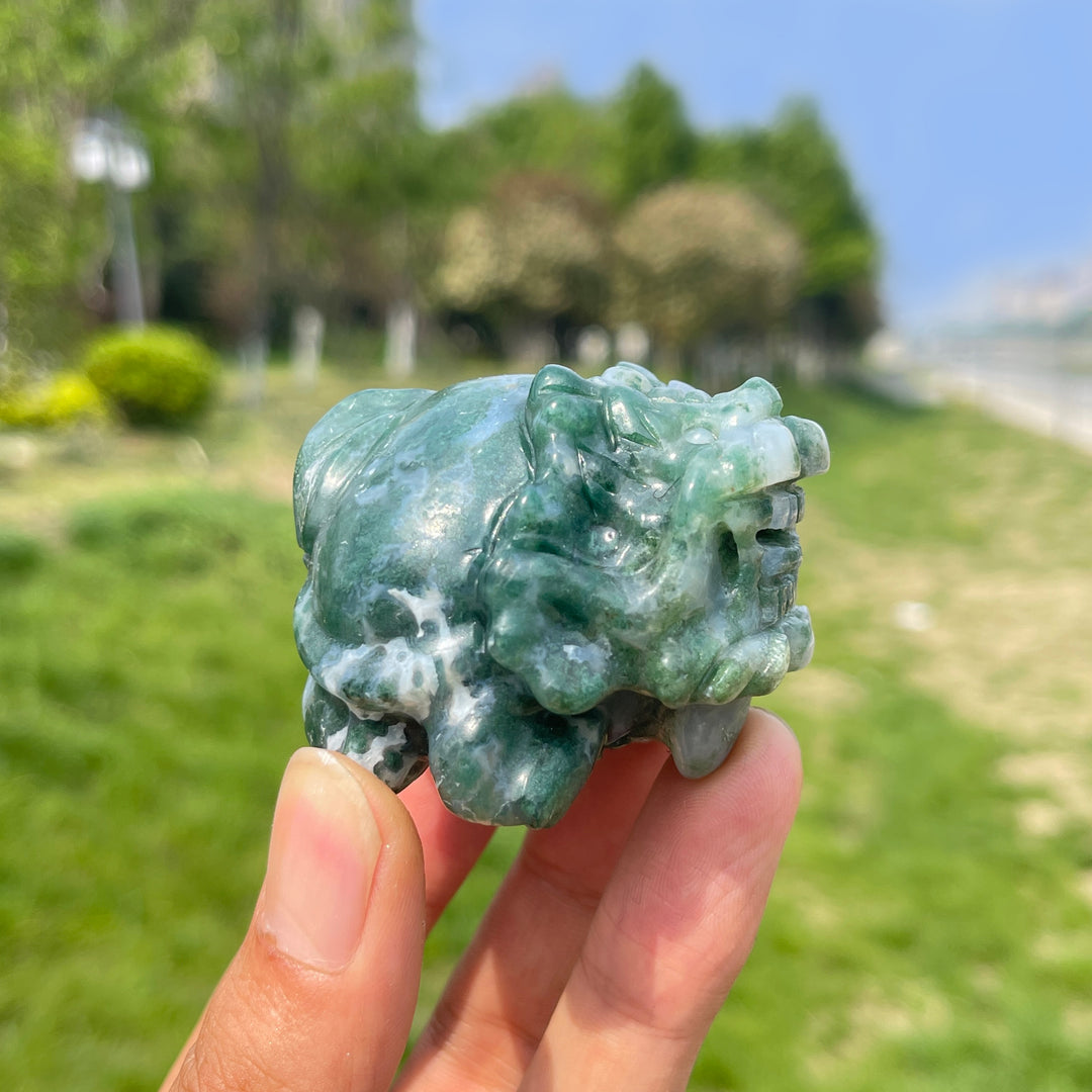 Natural Moss Agate Dragon Turtle Carving