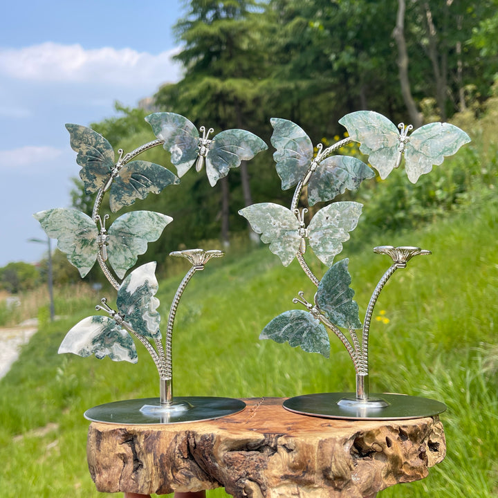 A Slightly Imperfect Natural Crystal Moss Agate Butterfly Sphere Stand