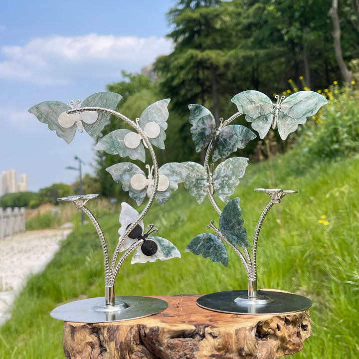A Slightly Imperfect Natural Crystal Moss Agate Butterfly Sphere Stand