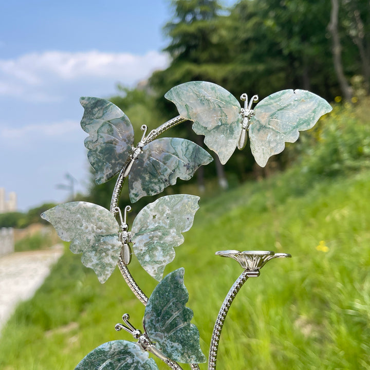 A Slightly Imperfect Natural Crystal Moss Agate Butterfly Sphere Stand