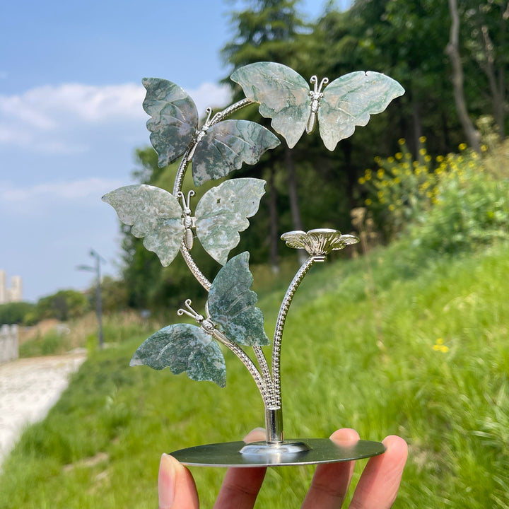 A Slightly Imperfect Natural Crystal Moss Agate Butterfly Sphere Stand