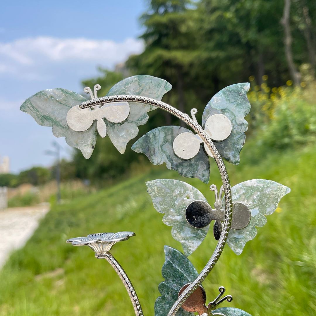 A Slightly Imperfect Natural Crystal Moss Agate Butterfly Sphere Stand
