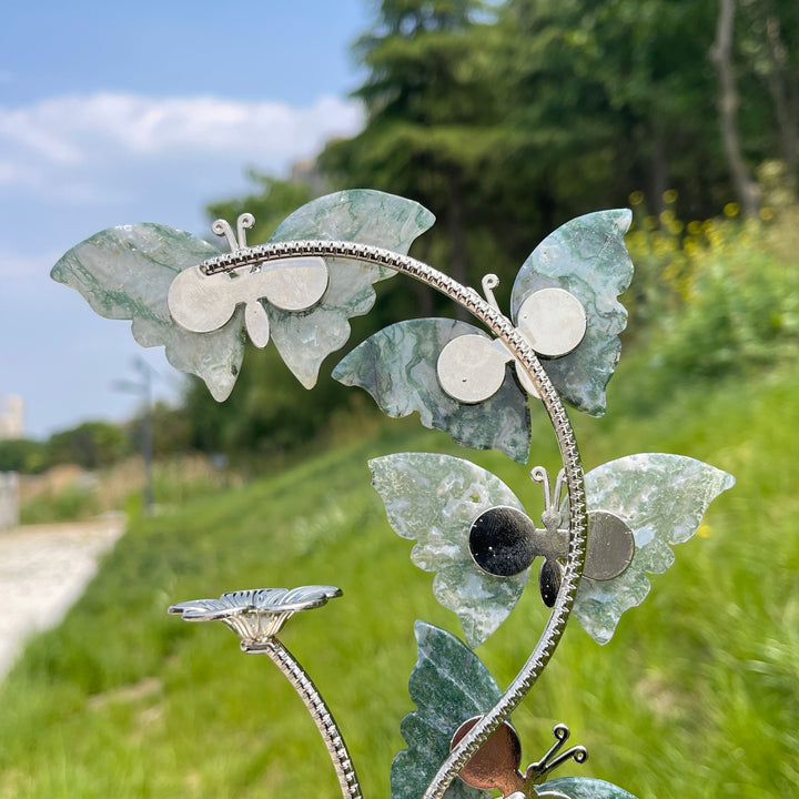 A Slightly Imperfect Natural Crystal Moss Agate Butterfly Sphere Stand