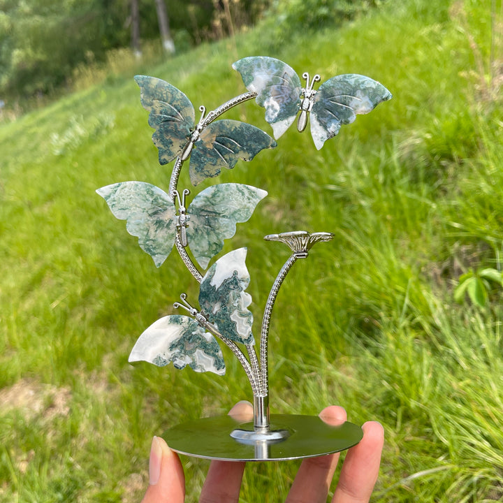 A Slightly Imperfect Natural Crystal Moss Agate Butterfly Sphere Stand