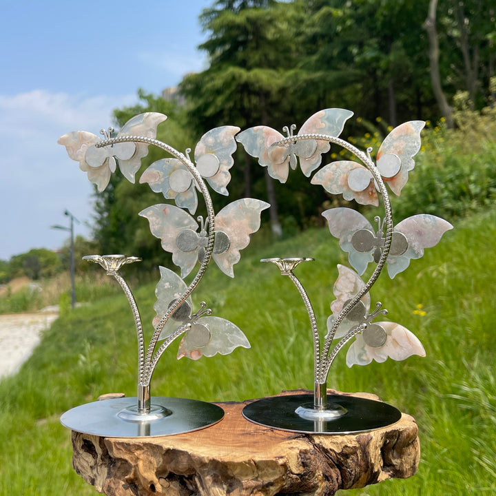 A Slightly Imperfect Natural Crystal Flower Agate Butterfly Sphere Stand