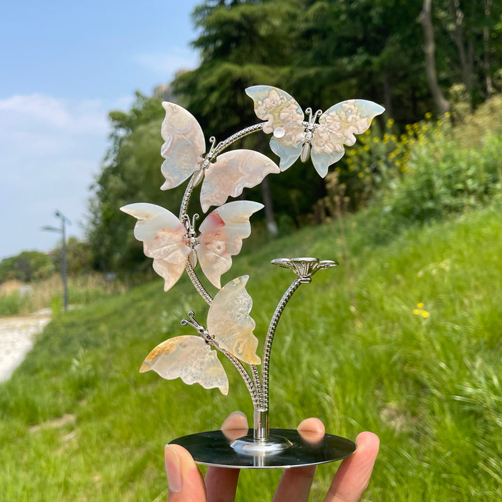 A Slightly Imperfect Natural Crystal Flower Agate Butterfly Sphere Stand