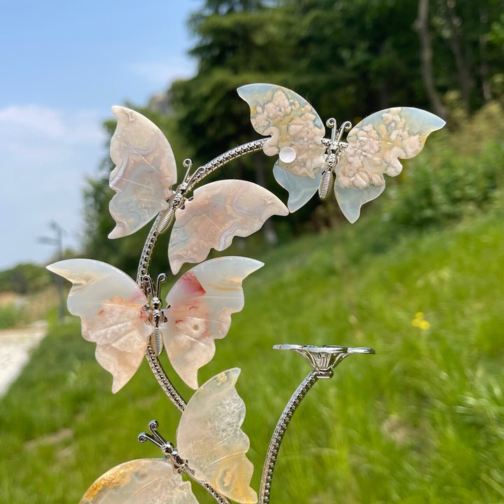 A Slightly Imperfect Natural Crystal Flower Agate Butterfly Sphere Stand