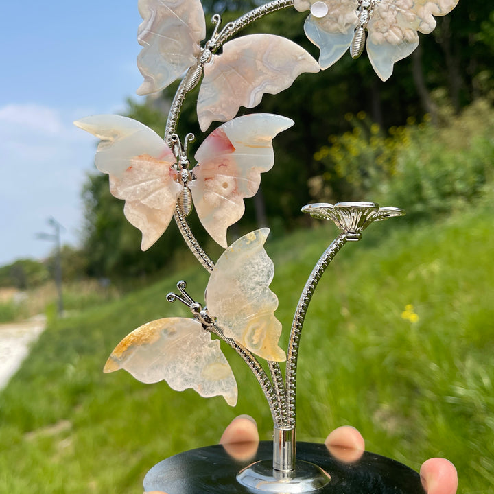 A Slightly Imperfect Natural Crystal Flower Agate Butterfly Sphere Stand