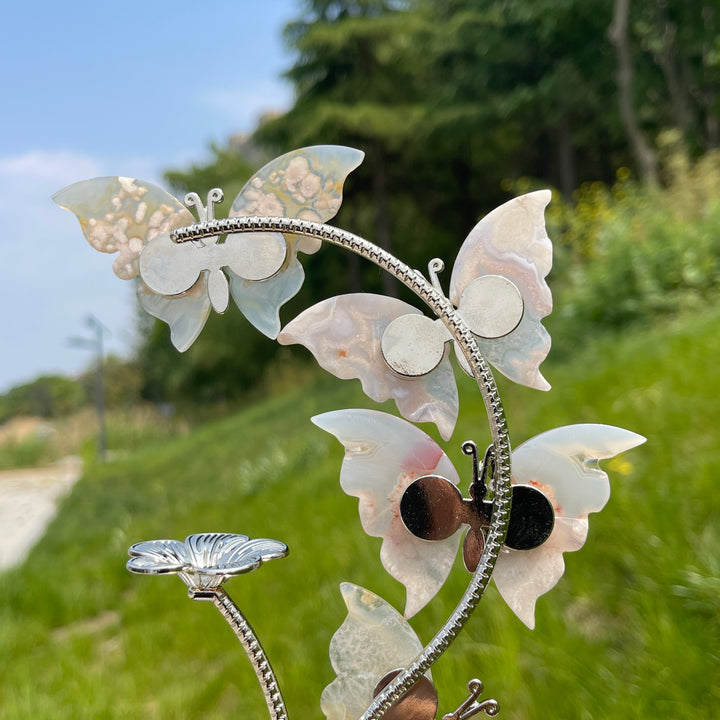 A Slightly Imperfect Natural Crystal Flower Agate Butterfly Sphere Stand