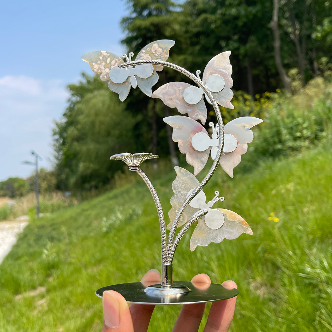 A Slightly Imperfect Natural Crystal Flower Agate Butterfly Sphere Stand