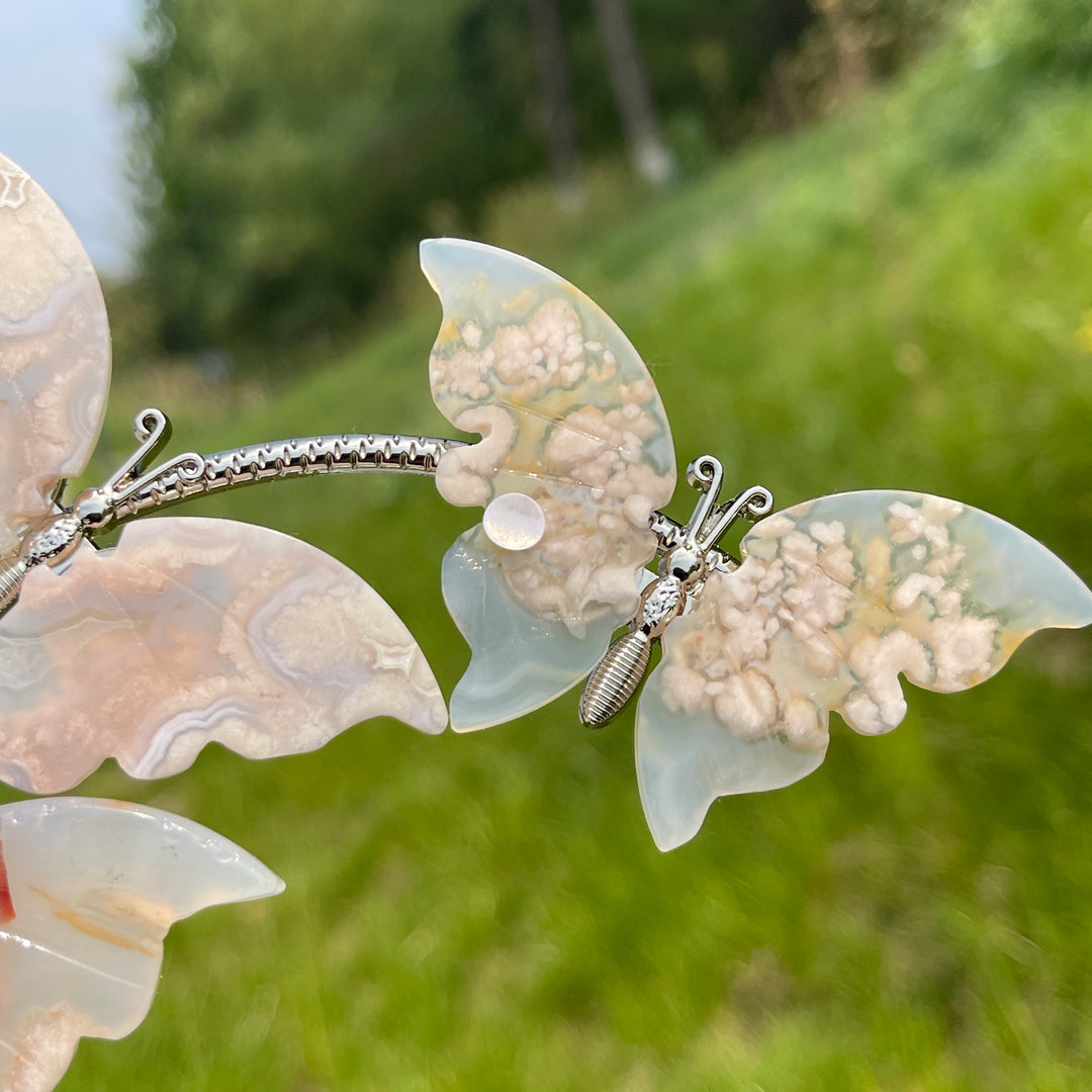 A Slightly Imperfect Natural Crystal Flower Agate Butterfly Sphere Stand