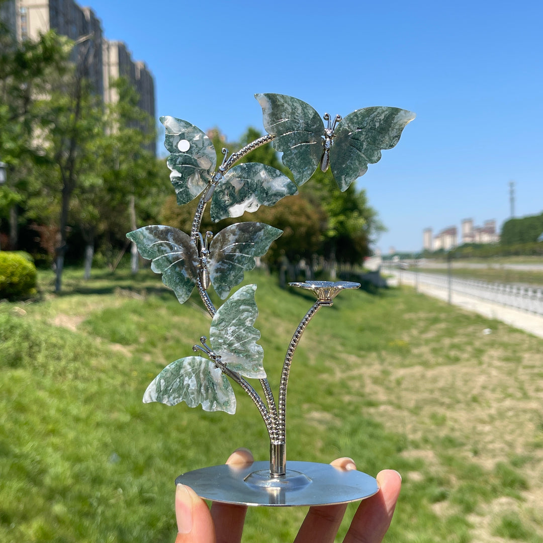 A Slightly Imperfect Natural Crystal Moss Agate Butterfly Sphere Stand