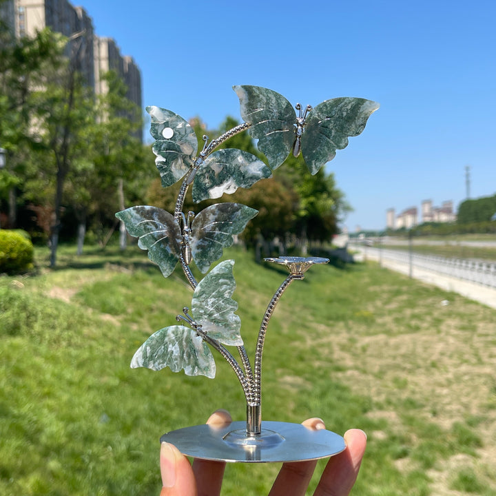 A Slightly Imperfect Natural Crystal Moss Agate Butterfly Sphere Stand