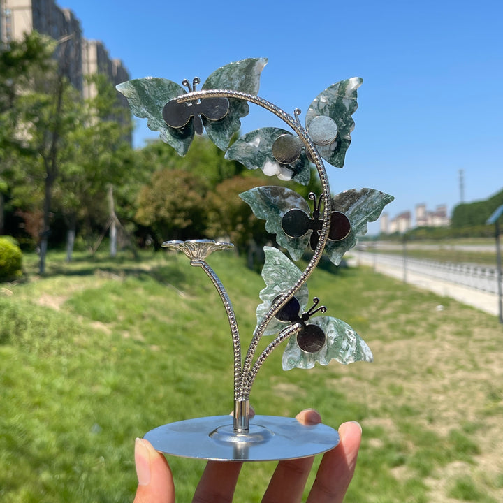 A Slightly Imperfect Natural Crystal Moss Agate Butterfly Sphere Stand