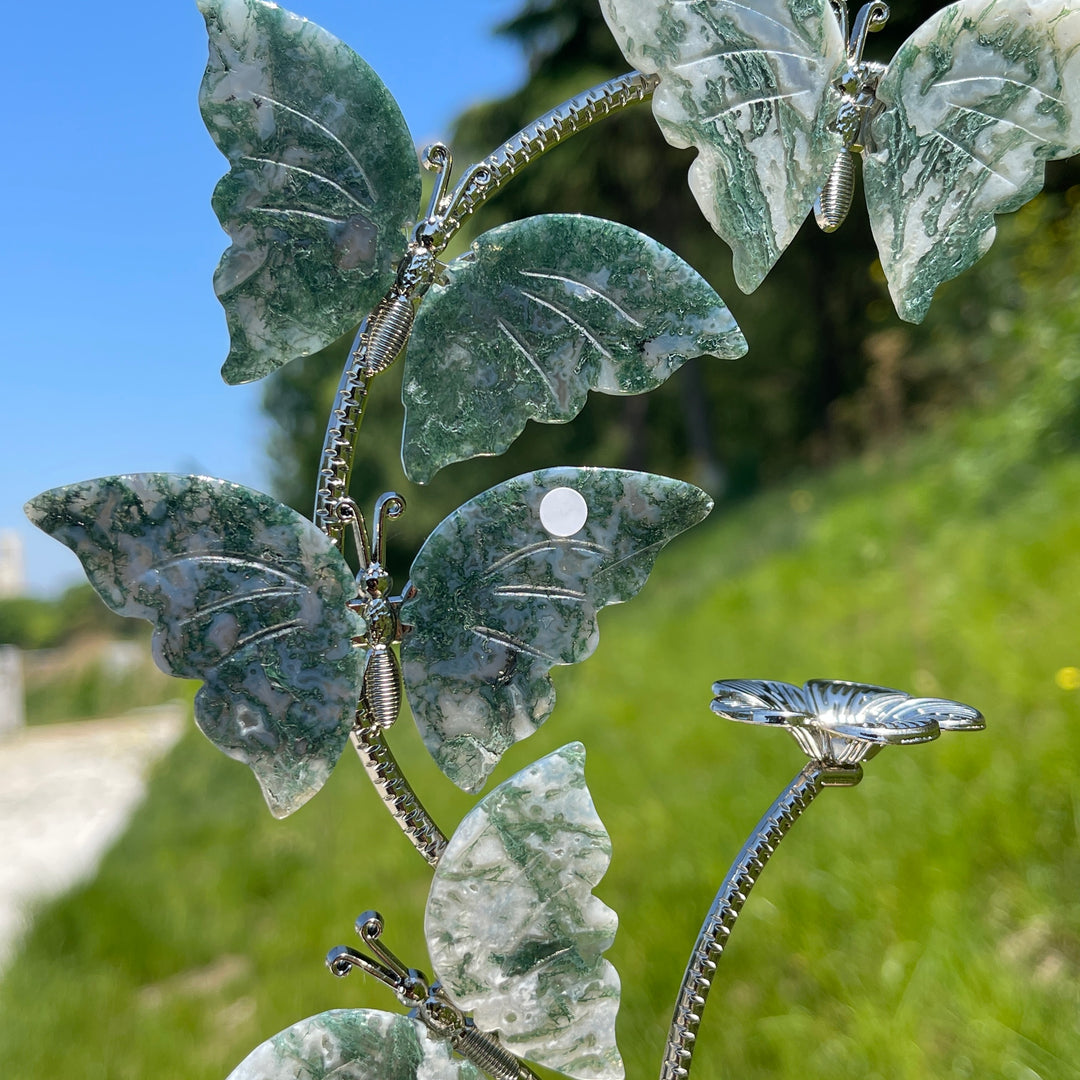 A Slightly Imperfect Natural Crystal Moss Agate Butterfly Sphere Stand