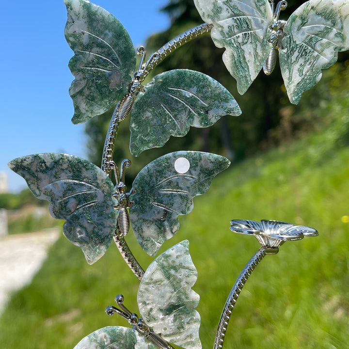 A Slightly Imperfect Natural Crystal Moss Agate Butterfly Sphere Stand
