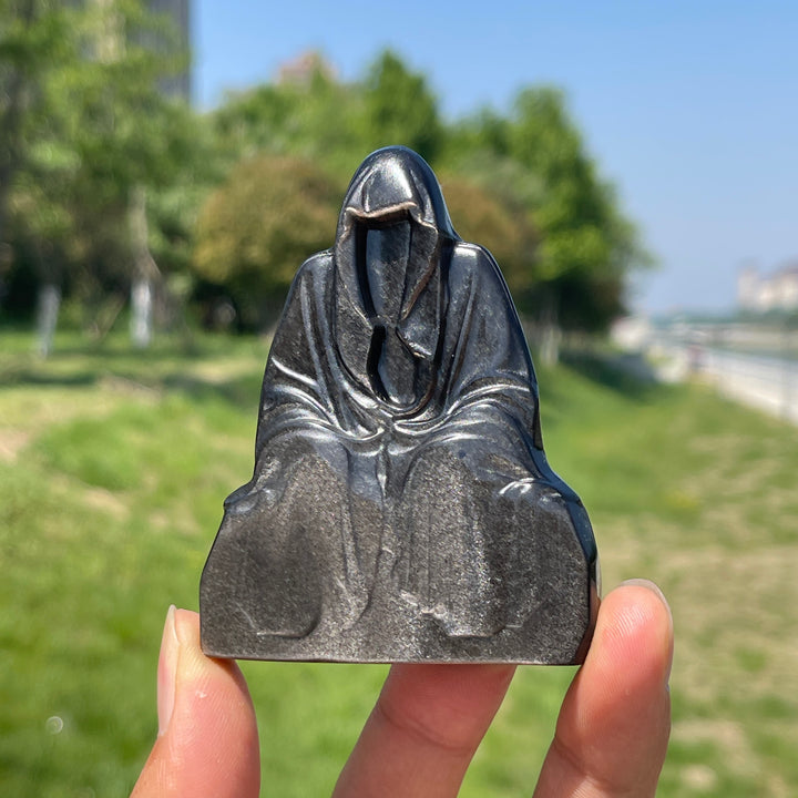 Natural Silver Obsidian Grim Reaper Carving