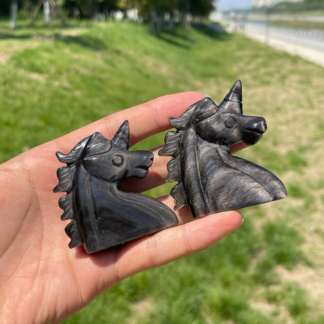 Natural Crystal Silver Obsidian Unicorn Carving
