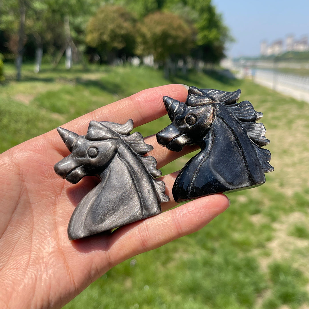 Natural Crystal Silver Obsidian Unicorn Carving