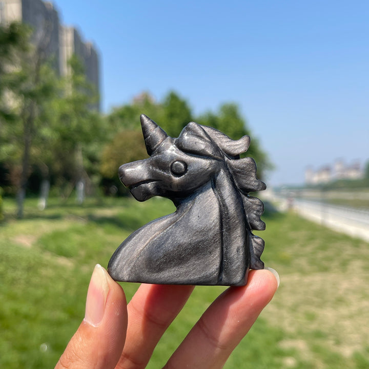 Natural Crystal Silver Obsidian Unicorn Carving