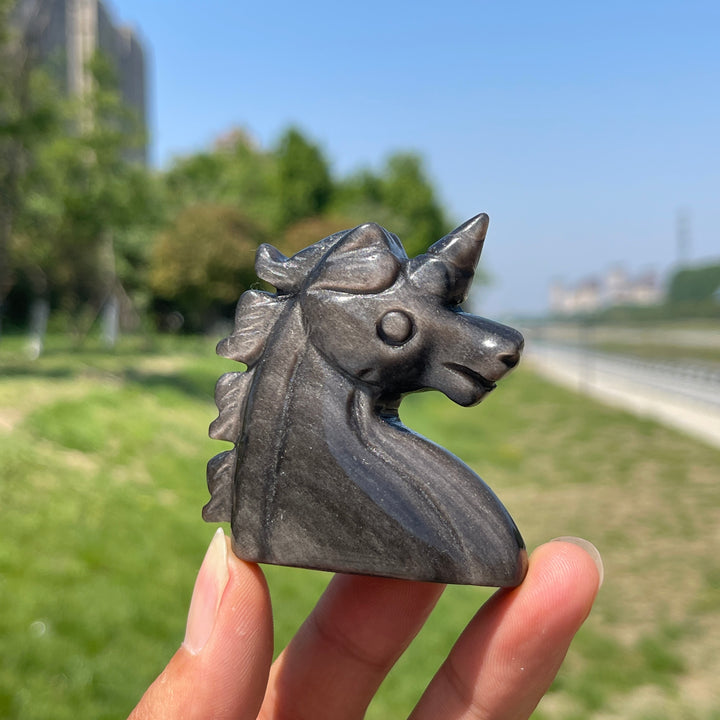 Natural Crystal Silver Obsidian Unicorn Carving