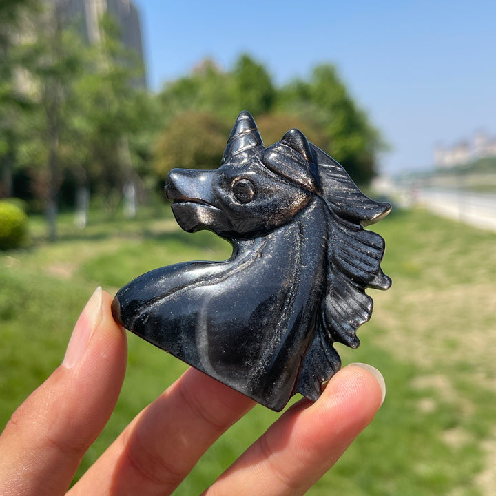 Natural Crystal Silver Obsidian Unicorn Carving