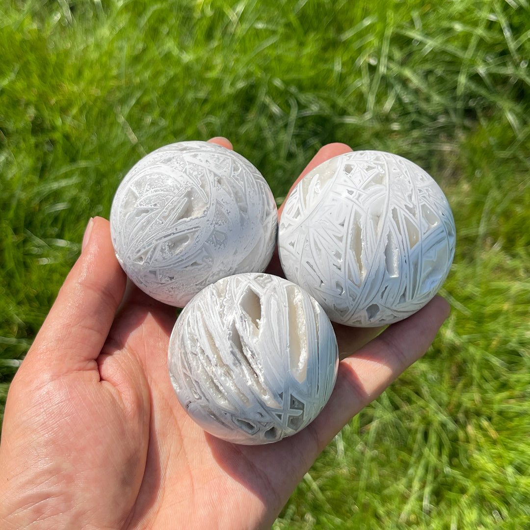 A Slightly Imperfect Natural Crystal White Mexican Agate Sphere