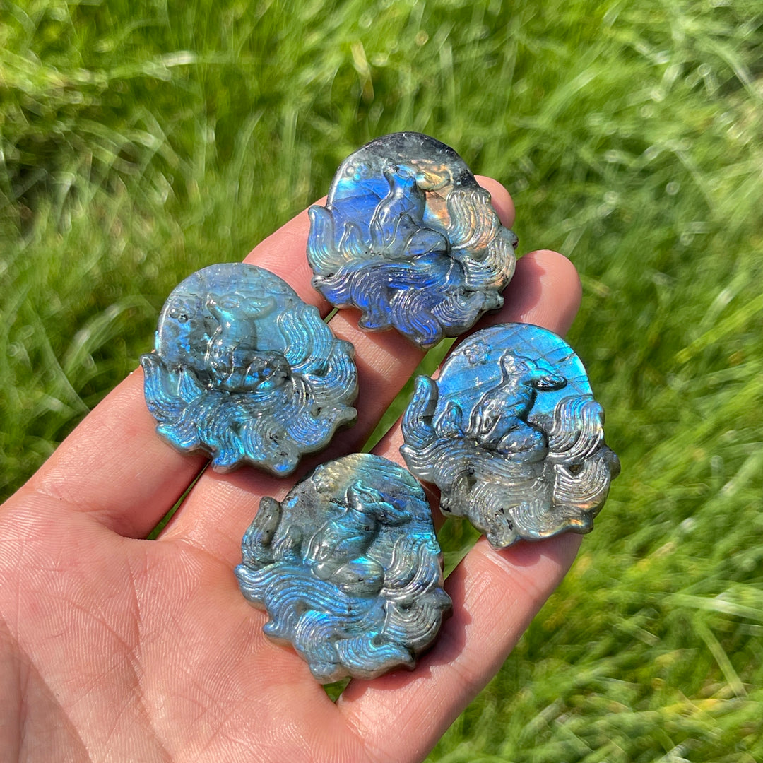 Natural Labradorite Nine-Tailed Fox Carving