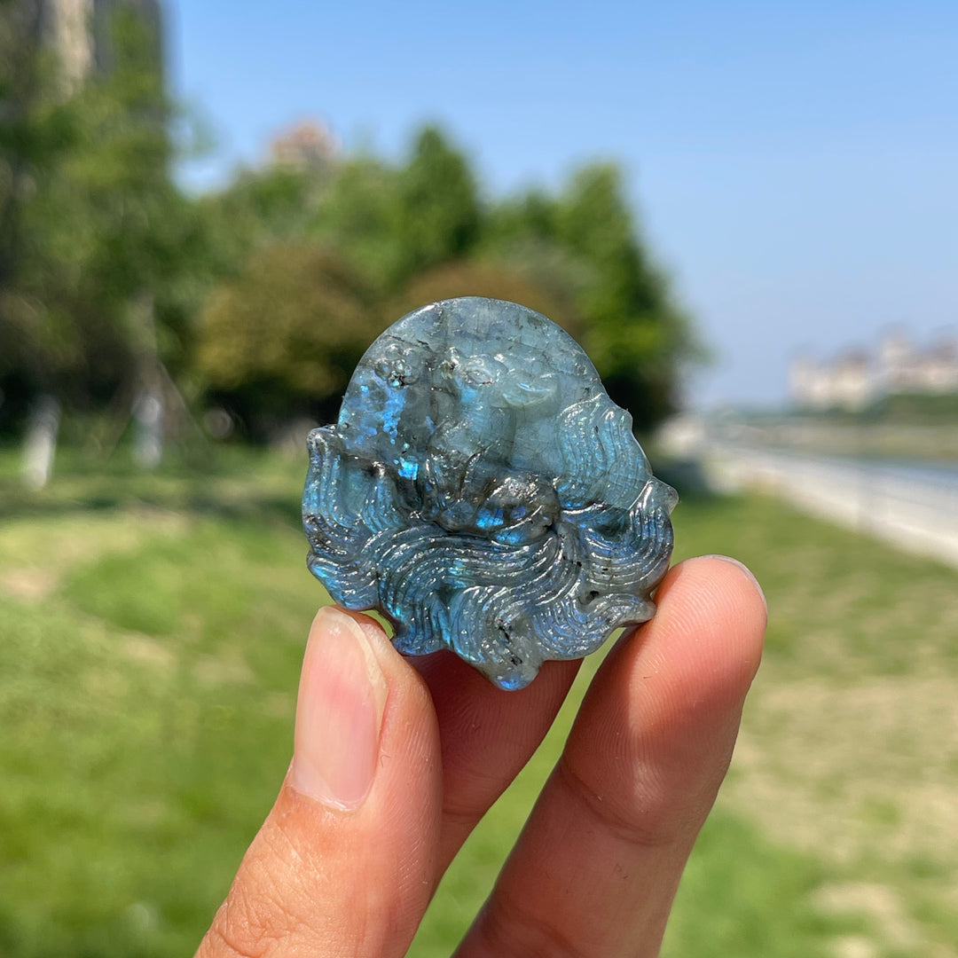 Natural Labradorite Nine-Tailed Fox Carving