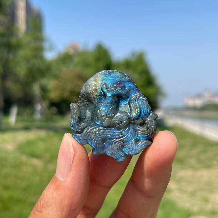 Natural Labradorite Nine-Tailed Fox Carving